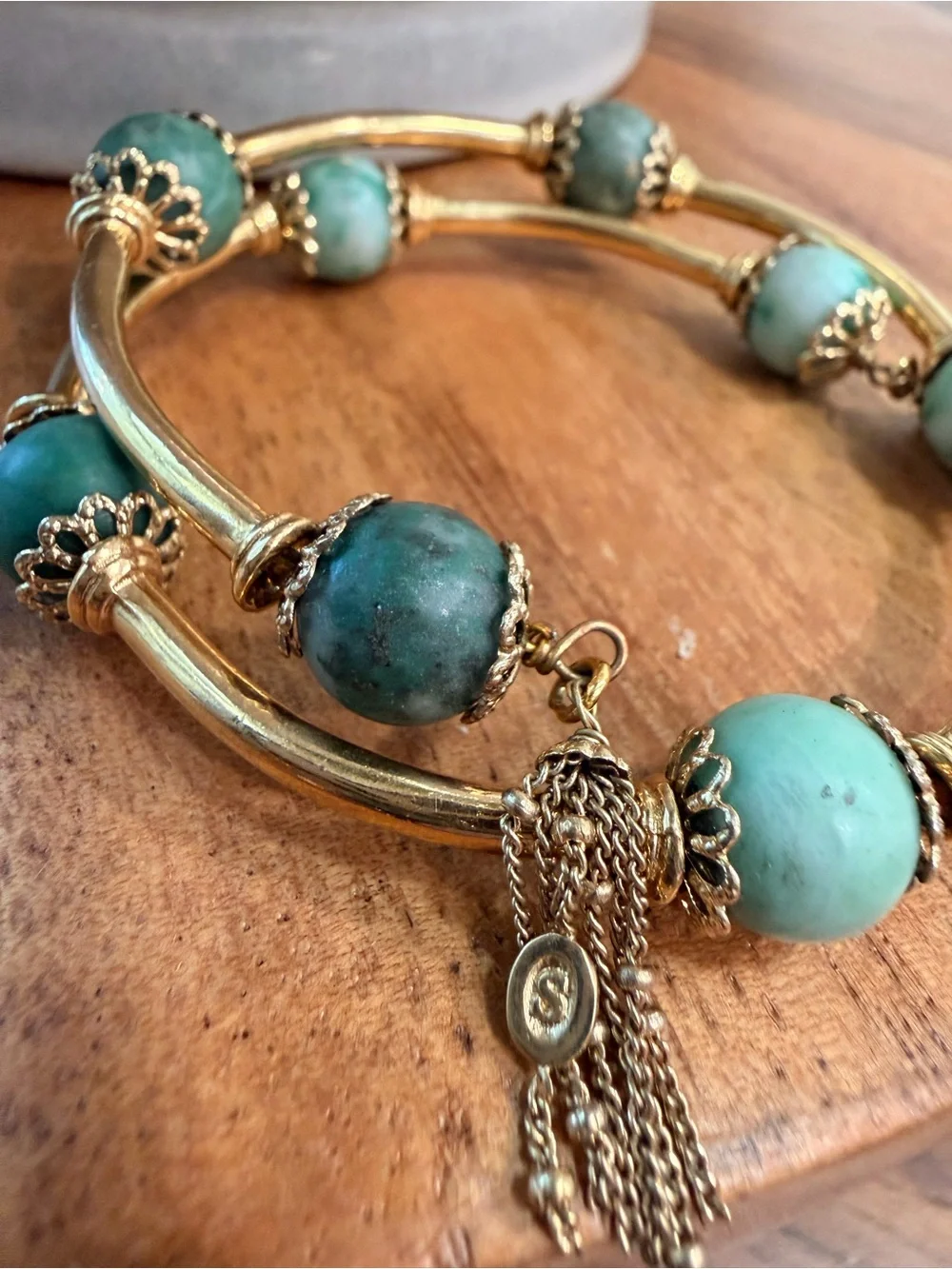 RARE HTF VTG Sezane Sally Bracelet Green and Gold Tone Marbled Stone